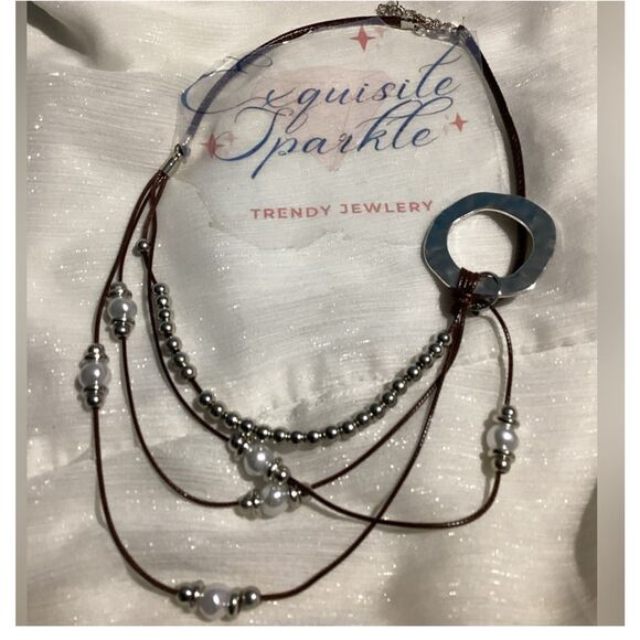 Boho Style Pearl Bead Brown Cord Layered Necklace with Statement Ring Accent - Picture 2 of 16